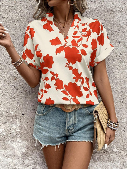 Flower Notched Short Sleeve Blouse.