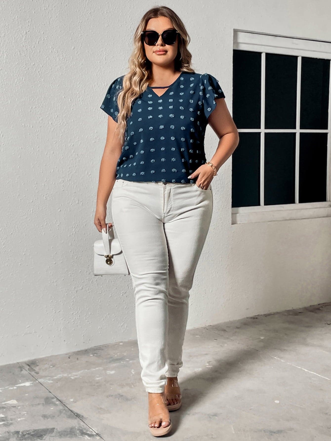 Plus Size Swiss Dot V-Neck Flutter Sleeve Tee.