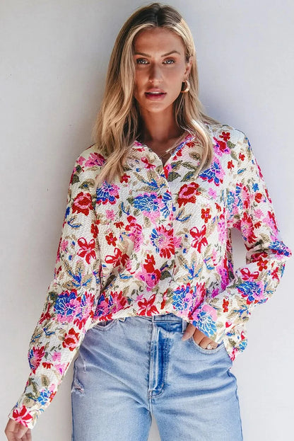 Floral print collared long sleeve blouse