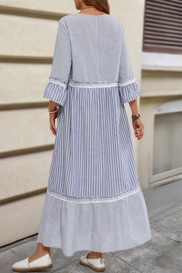 Premium Sky Blue Stripe Patchwork Lace Maxi Dress Bracelet Sleeve