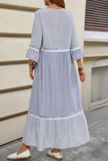 Premium Sky Blue Stripe Patchwork Lace Maxi Dress Bracelet Sleeve