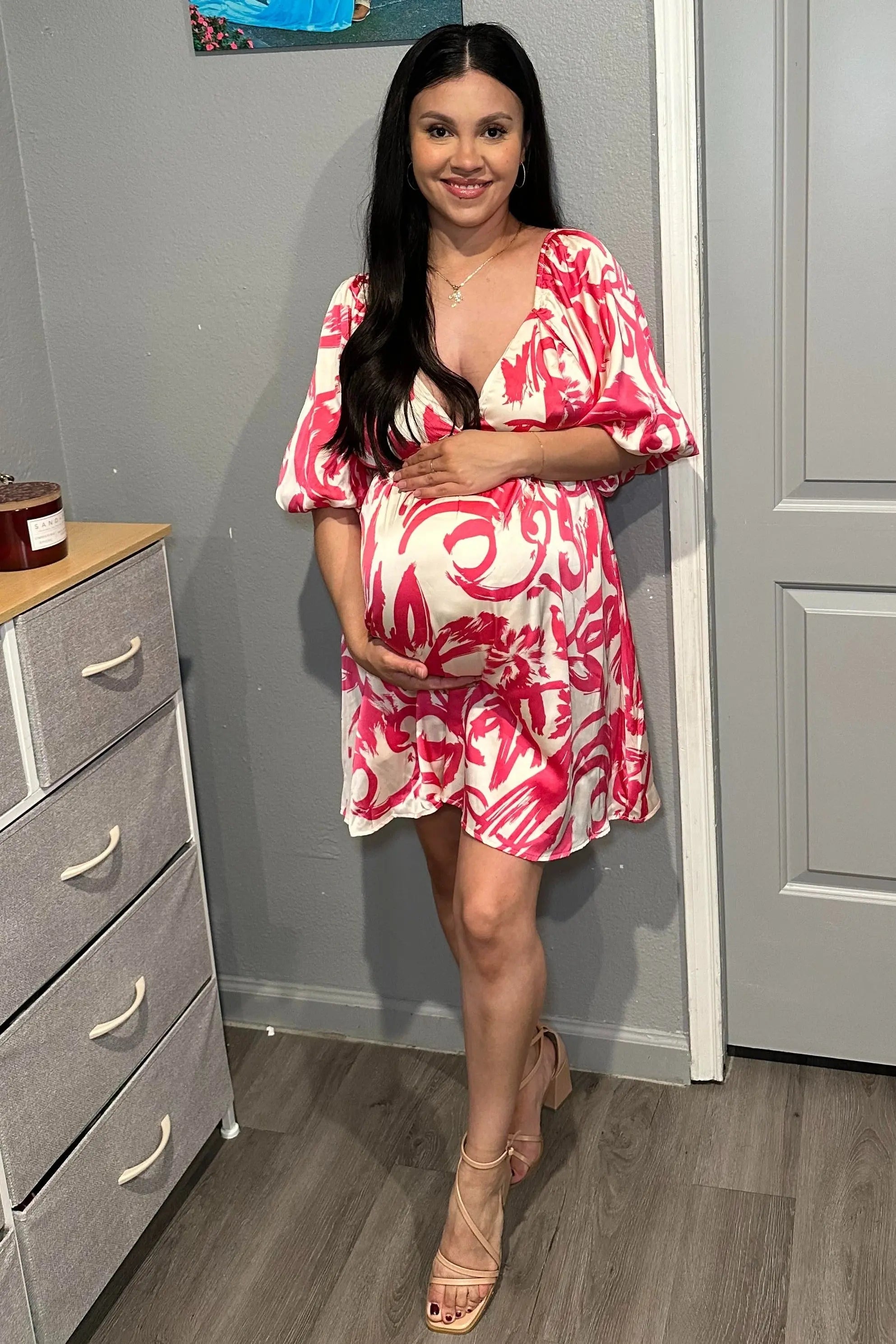 Fuchsia Printed Bubble Sleeve Sweetheart Maternity Dress PinkBlush