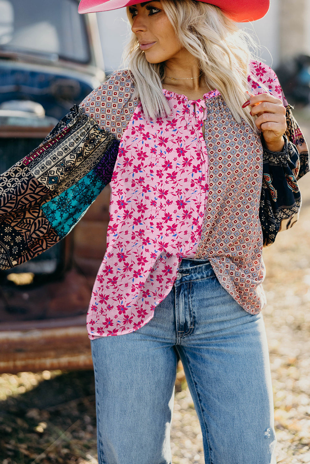 Premium Pink Boho Mixed Floral Drop Shoulder Bubble Sleeve Blouse
