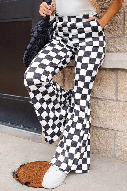 Trendy checkered flare trousers with convenient pockets