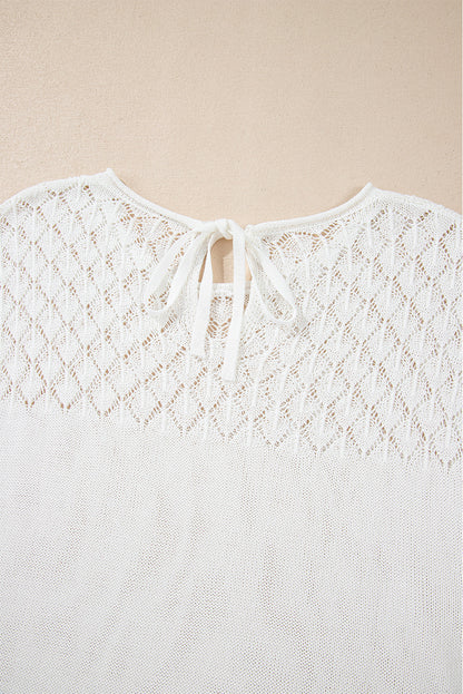 Elegant White Eyelet Knit Short Sleeve Sweater with Tied Back Detail