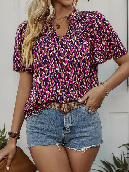 Printed Notched Flutter Sleeve Blouse.