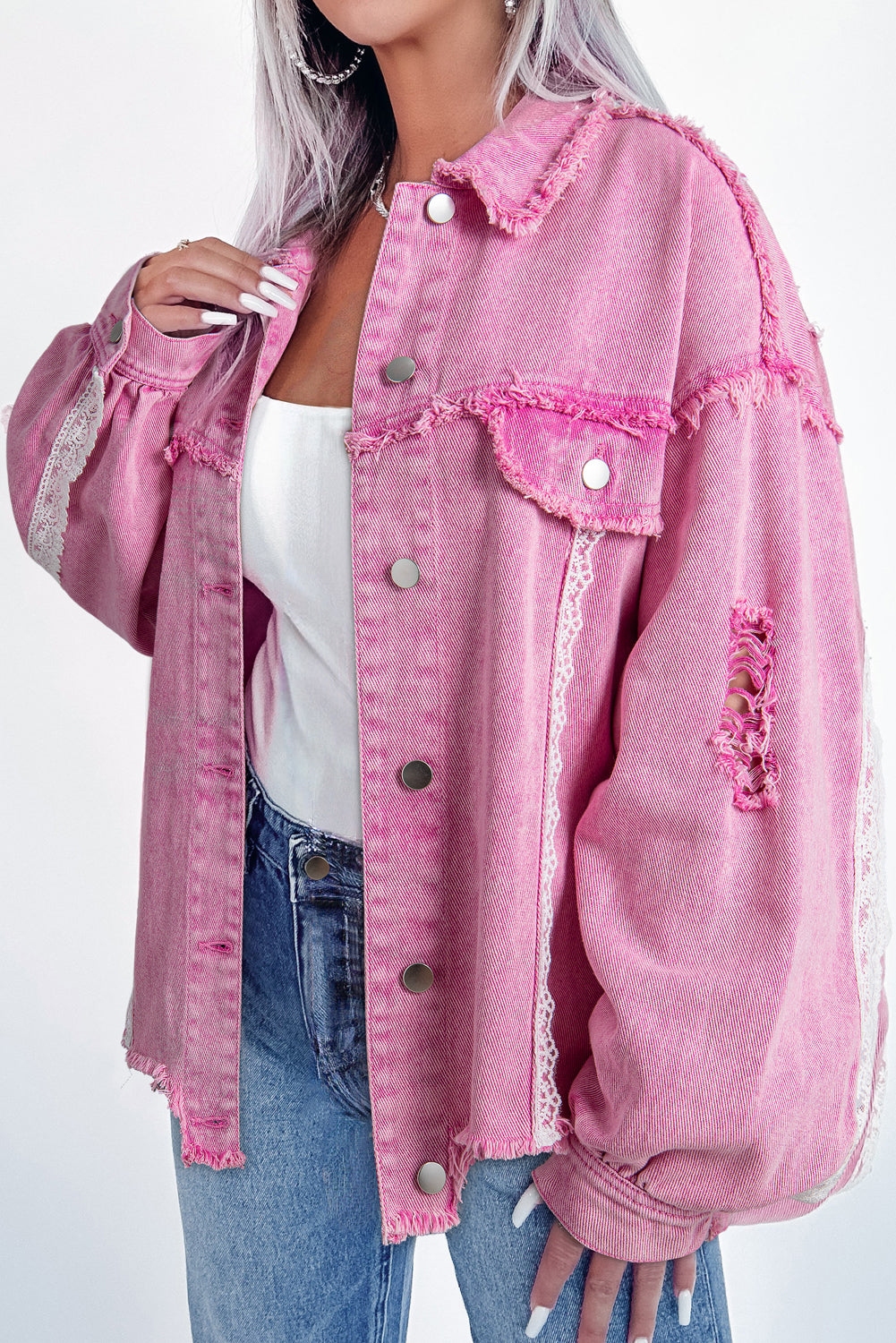 Chic pink lace and distressed denim jacket with button closure