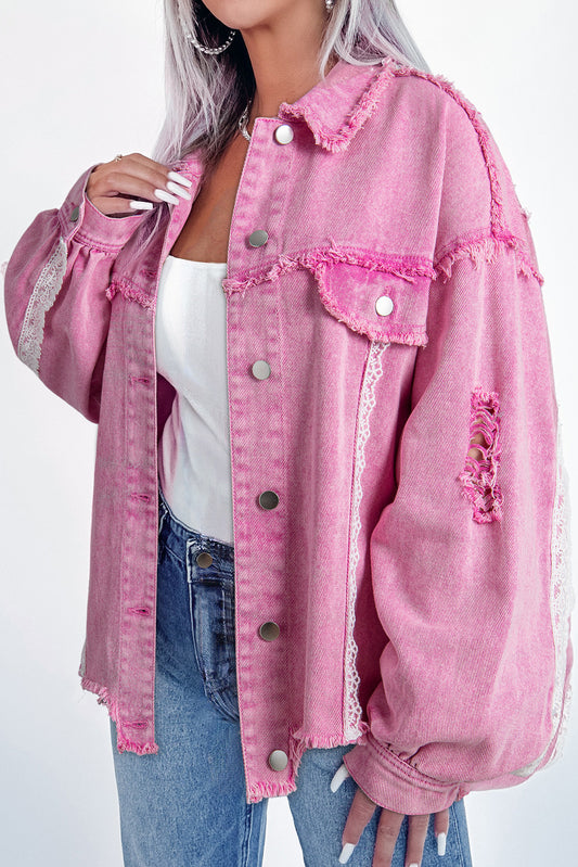 Chic pink lace denim jacket