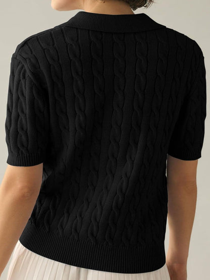 Cable-Knit Collared Neck Half Sleeve Sweater.