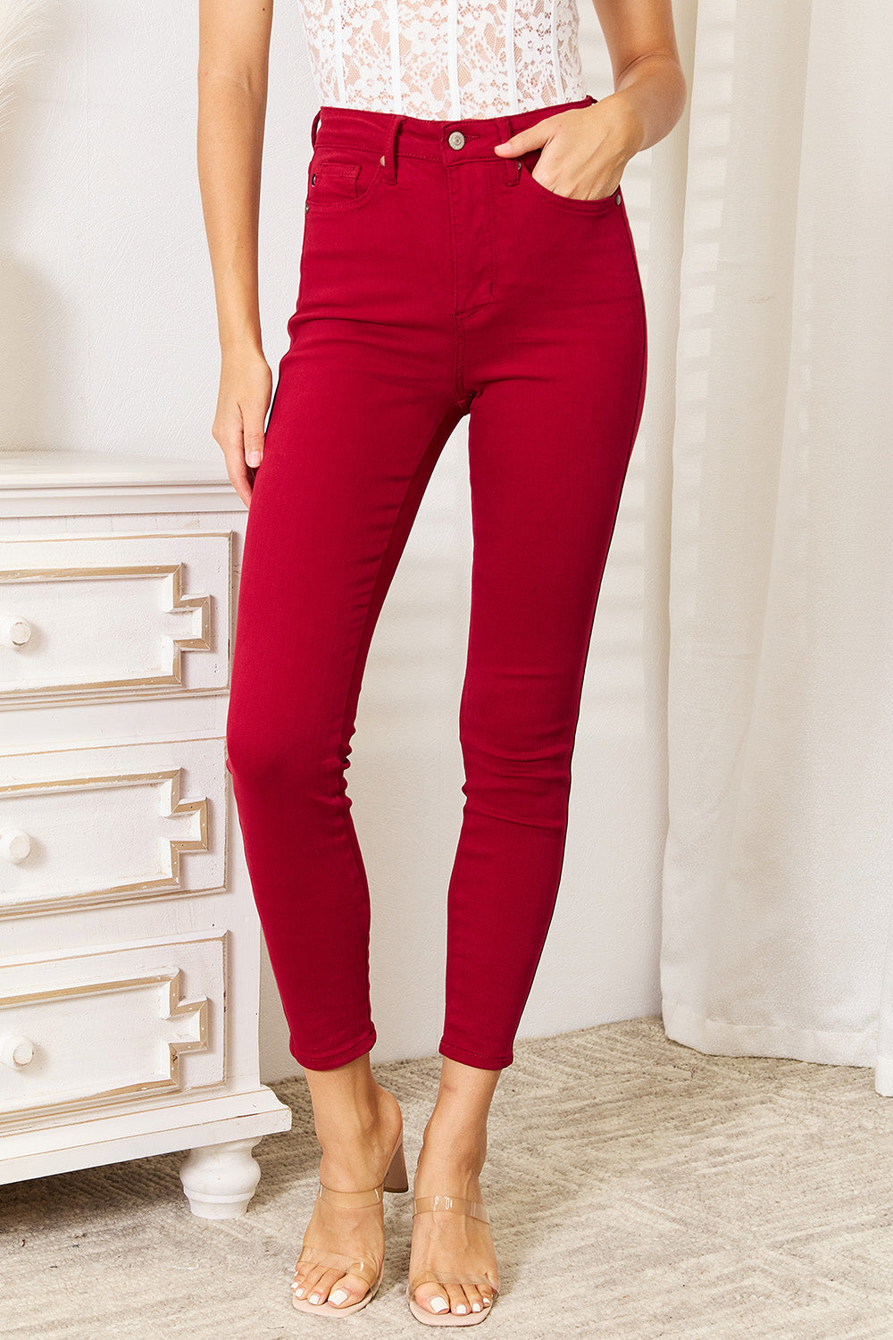 Judy Blue High Waist Tummy Control Skinny Jeans - Festive Red Coco’s Tee Boutique