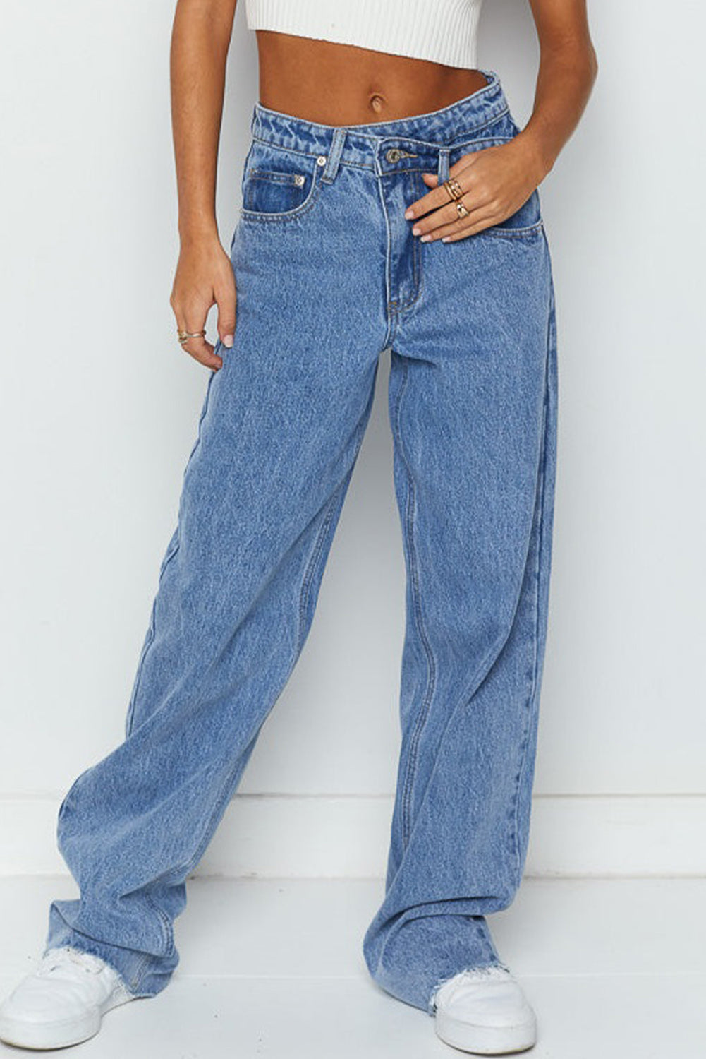Blue Mid Rise Asymmetrical Waist Wide Leg Jeans for Women
