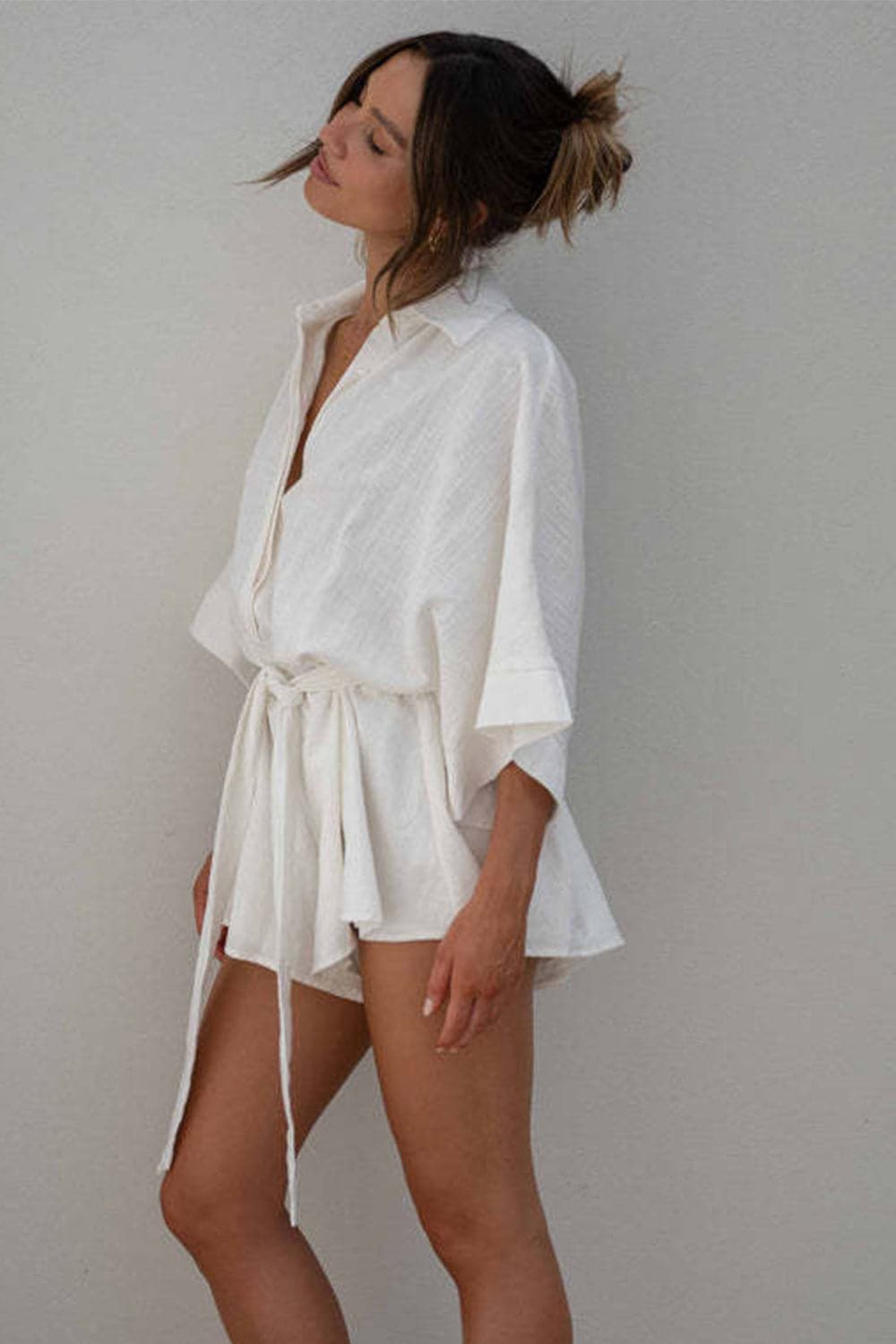 Tied Button Up Collared Neck Romper.