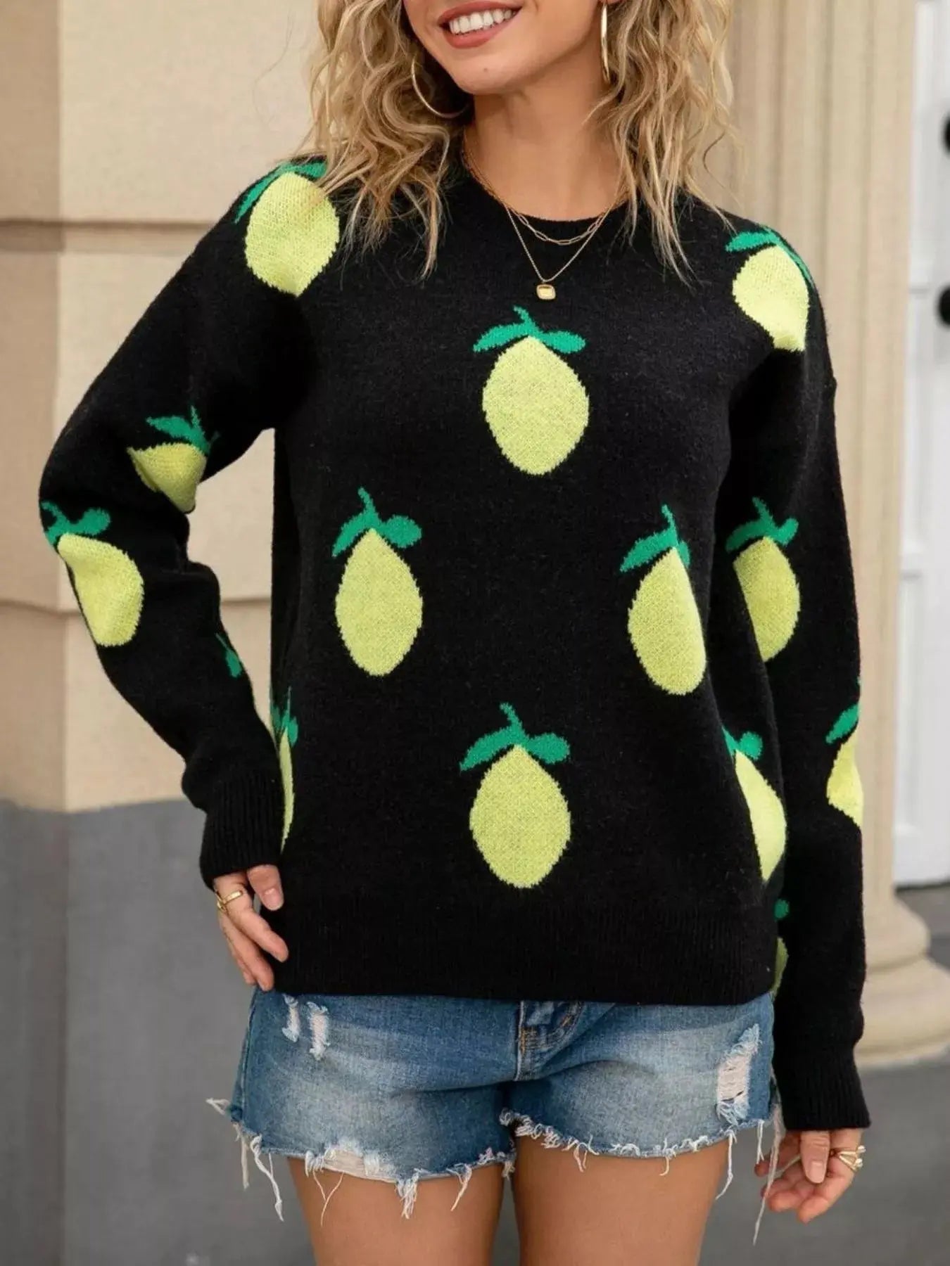 Lemon Crew Neck Round Neck Sweater Simply Love