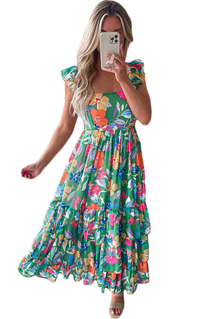 Green Floral Print Sleeveless Ruffle Tiered Maxi Dress Delight