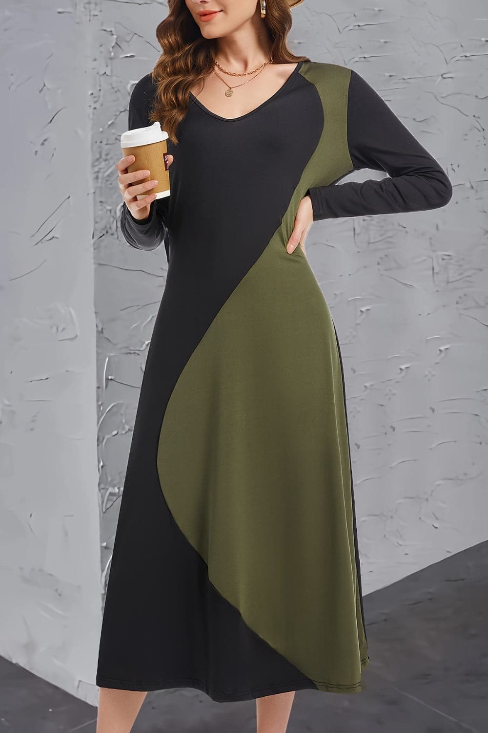 Contrast Long Sleeve Midi Dress.