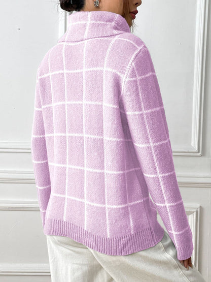 Cozy plaid turtleneck sweater with long sleeves