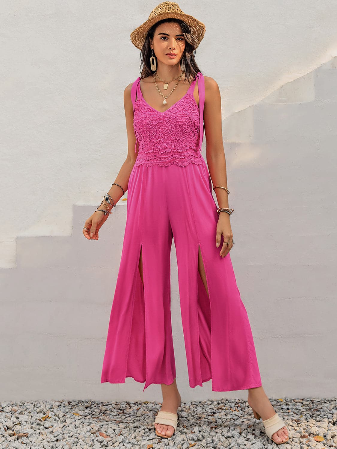 V-Neck Wide Strap Slit Jumpsuit.