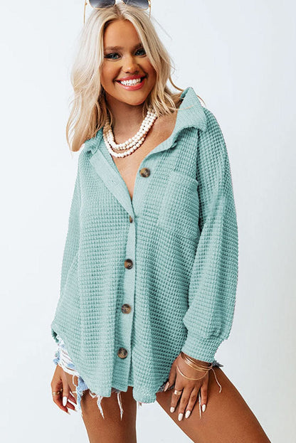 Collared Long Sleeve Waffle-Knit Shirt with Pocket