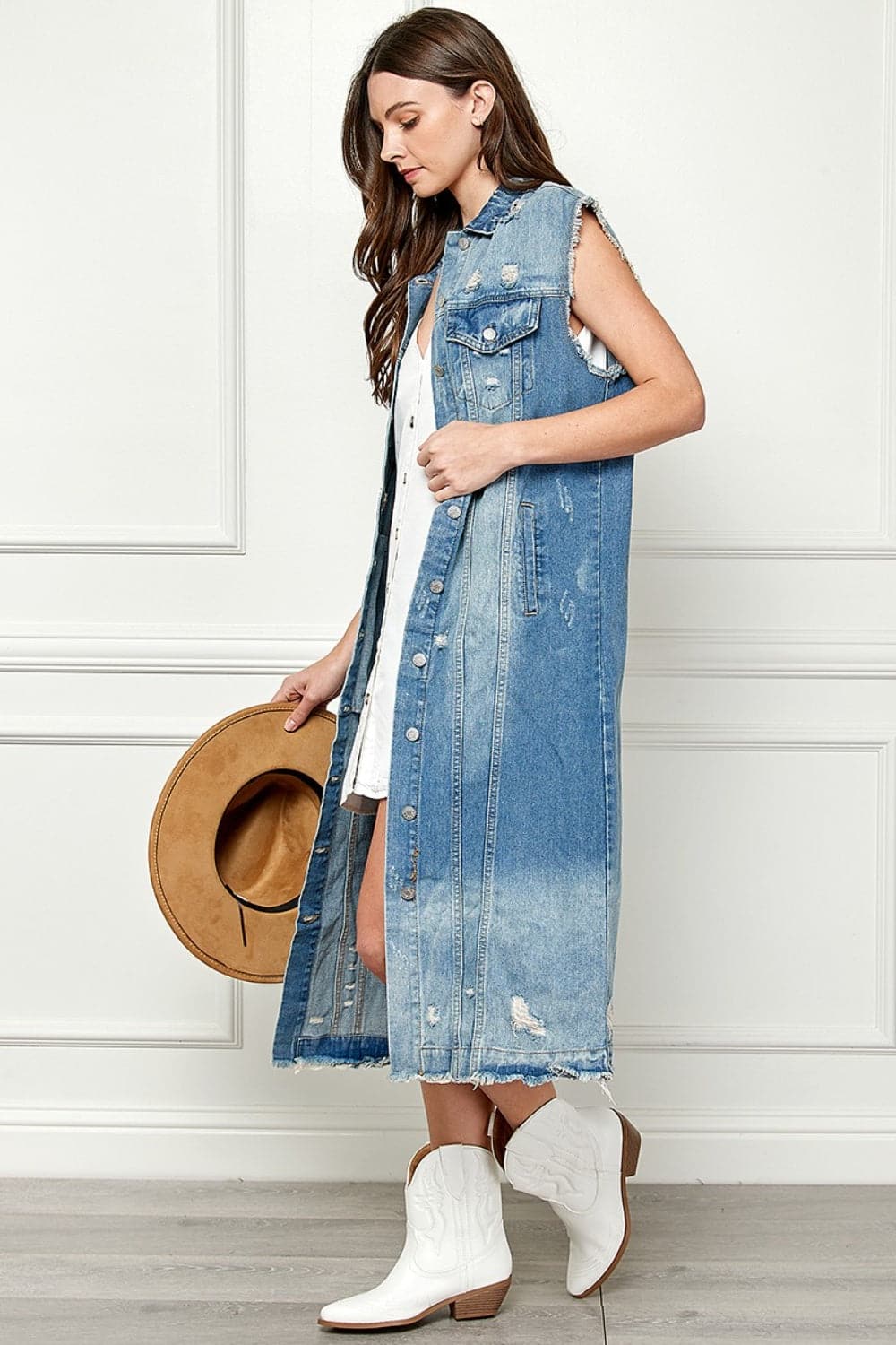 Veveret Full Size Distressed Sleeveless Longline Denim Jacket.