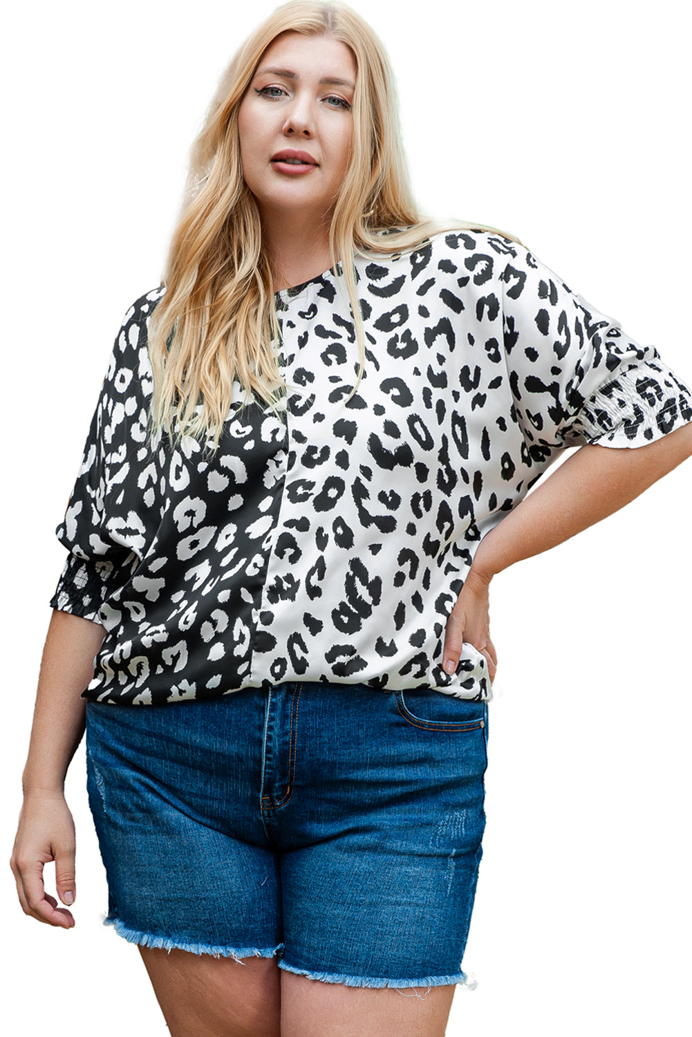 Chic black plus size leopard print half sleeve blouse