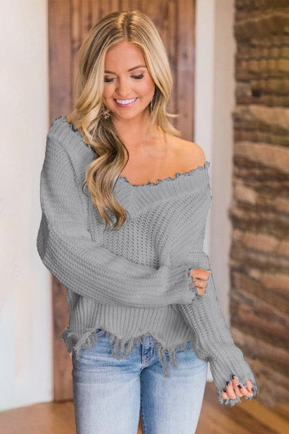 Frayed Hem Dropped Shoulder Sweater.