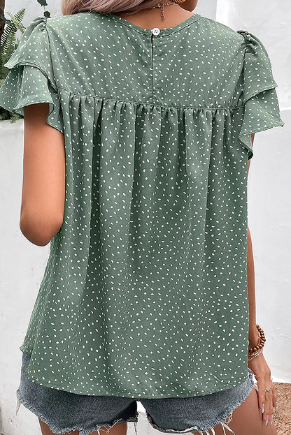 Laurel green dotted ruffled sleeve blouse with ruched detail