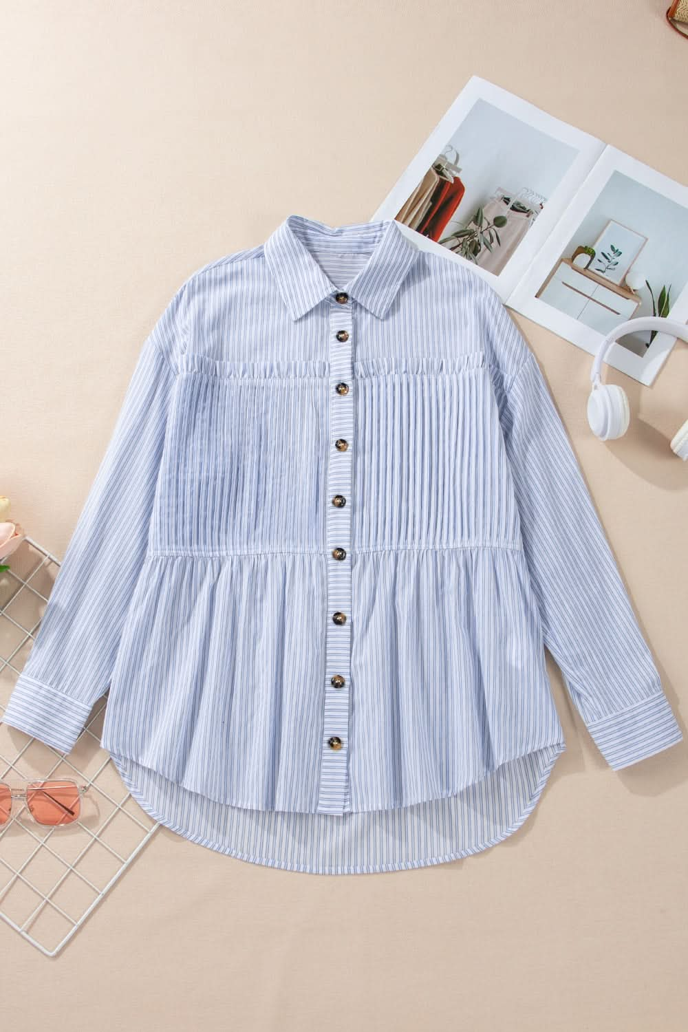 High-Low Striped Collared Neck Long Sleeve Shirt