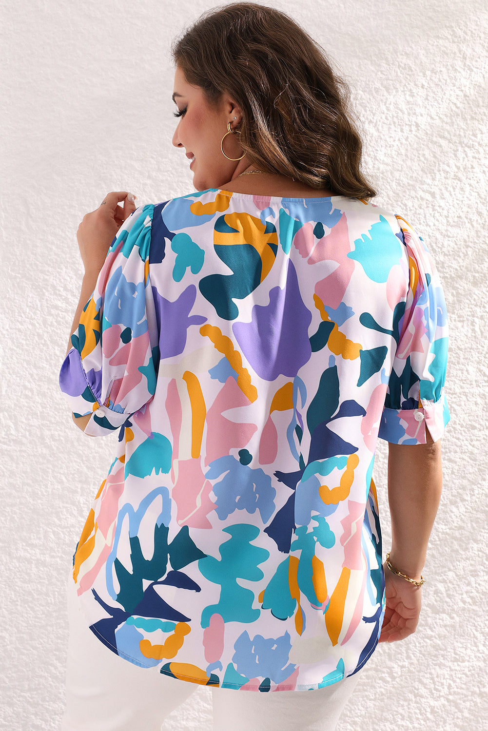 Chic sky blue plus abstract print puff sleeve top