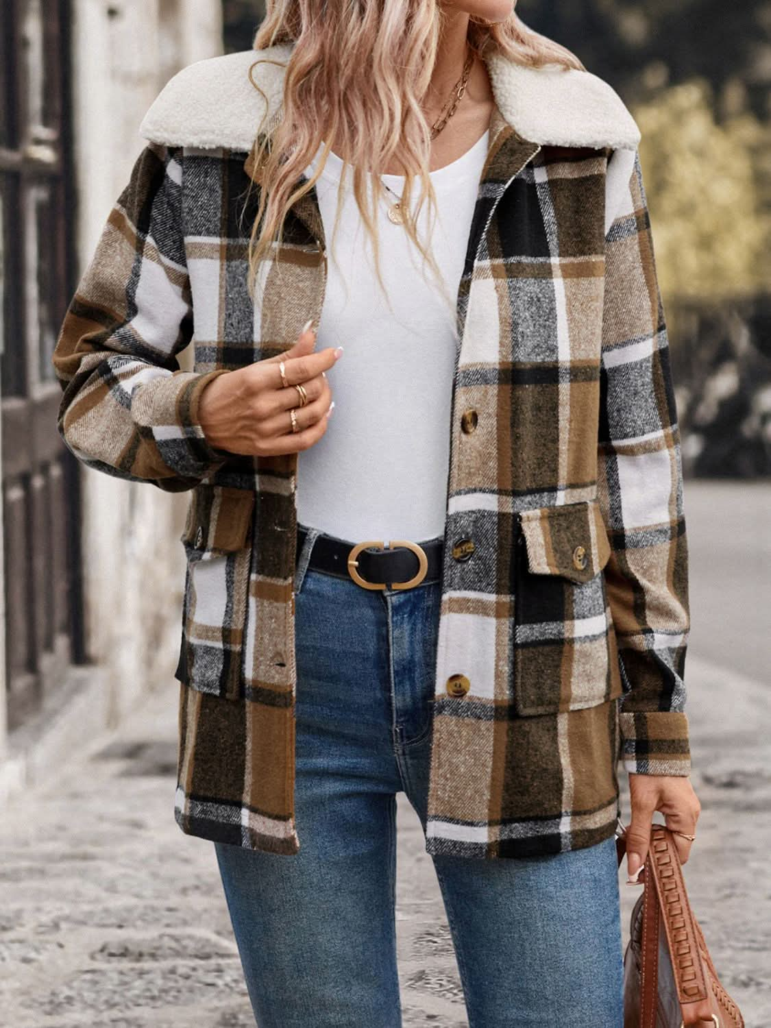 Plaid Button-Up Jacket with Pockets