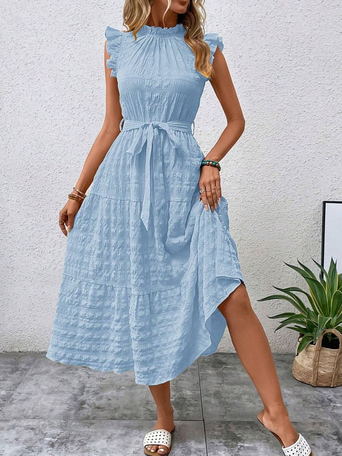 Tied Ruffled Cap Sleeve Midi Dress.