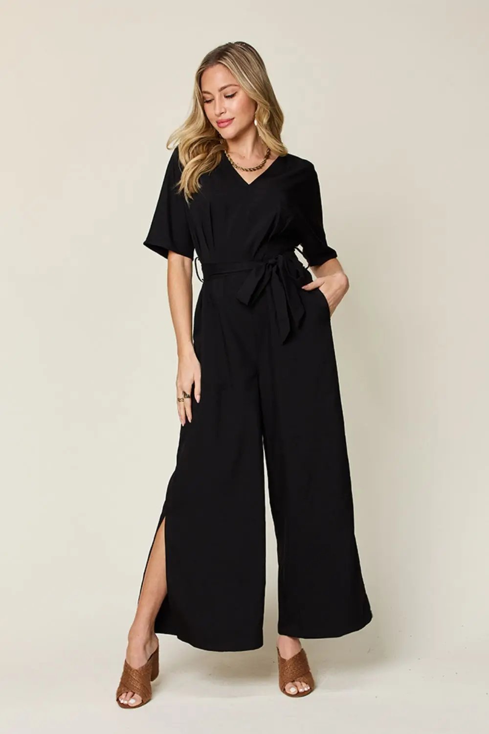 Double Take Full Size V-Neck Tie Front Short Sleeve Slit Jumpsuit - Love Salve