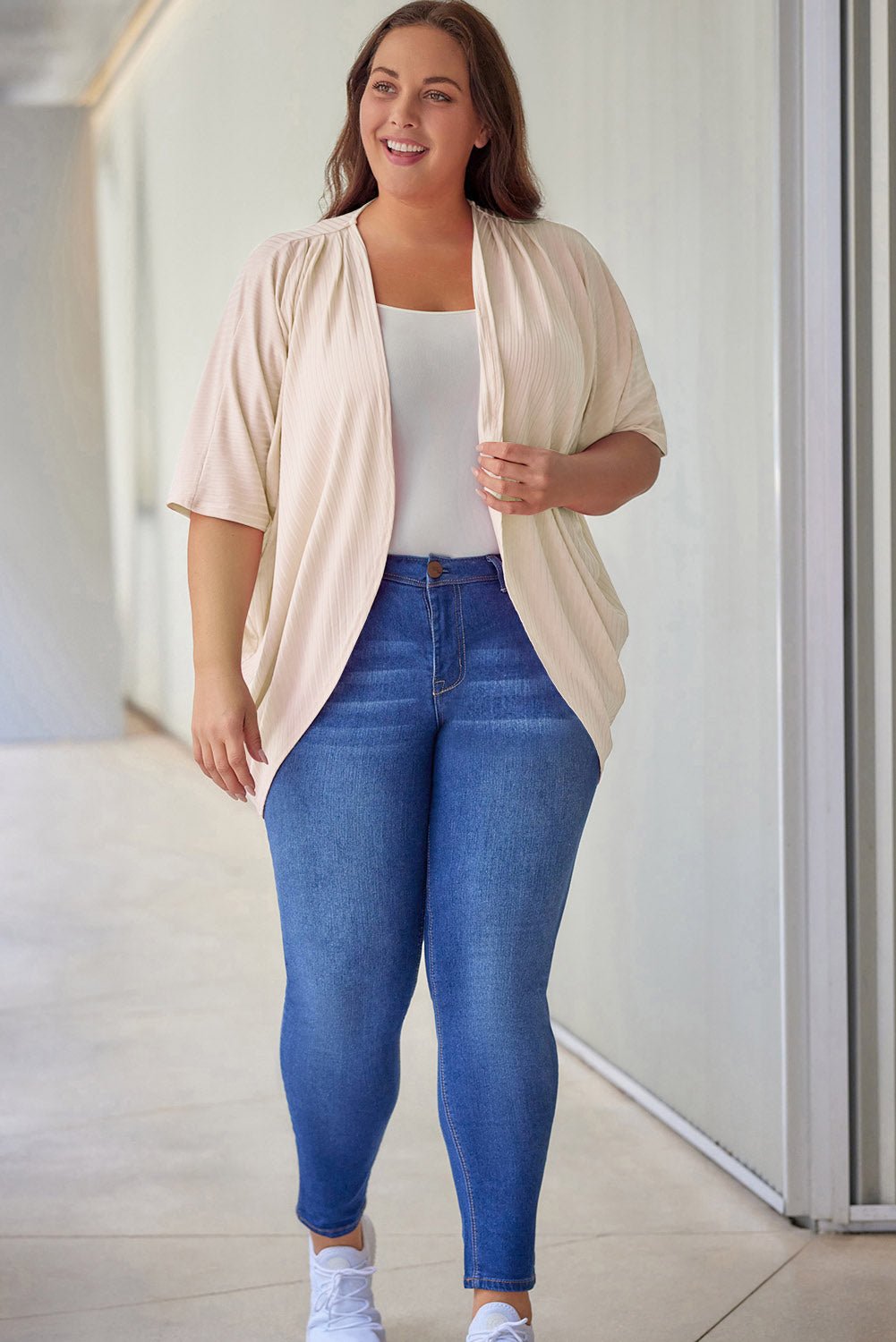 Apricot shimmer ribbed texture cardigan for plus sizes