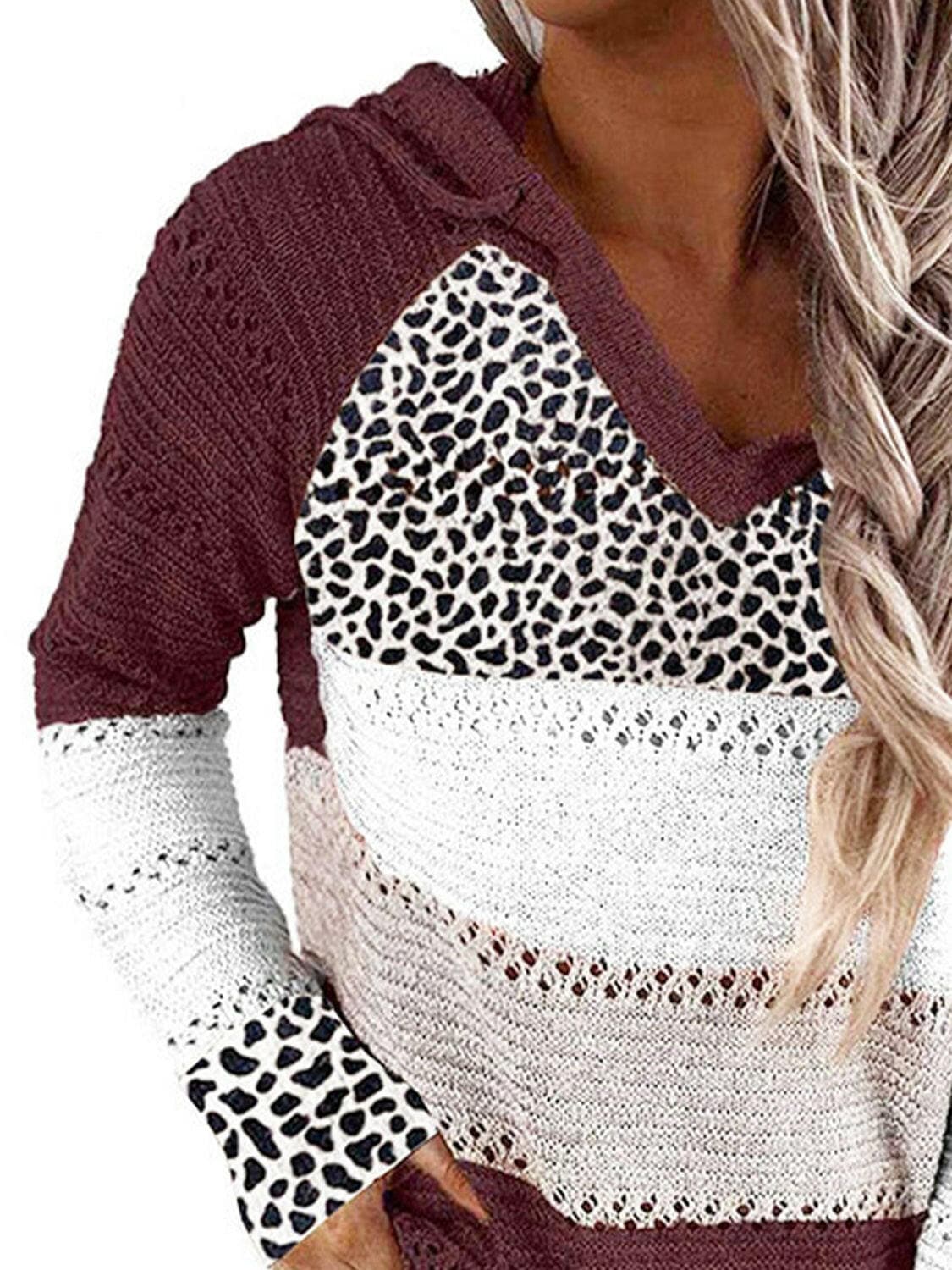 Full Size Openwork Leopard Drawstring Hooded Sweater.