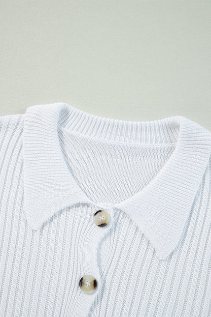 Elegant White Collared Casual Button-Up Sweater with Loose Fit