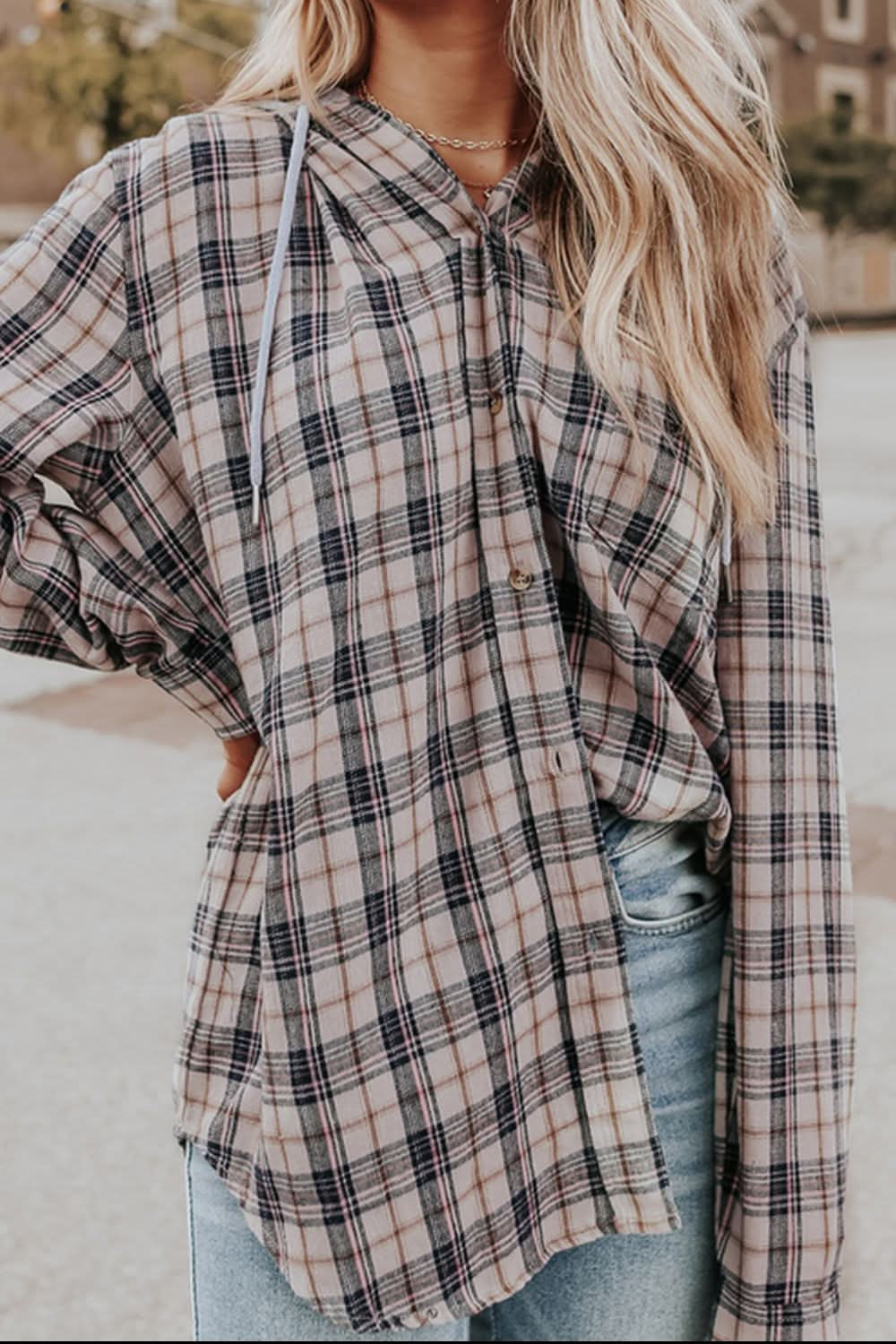 Plaid Drawstring Hooded Long Sleeve Top