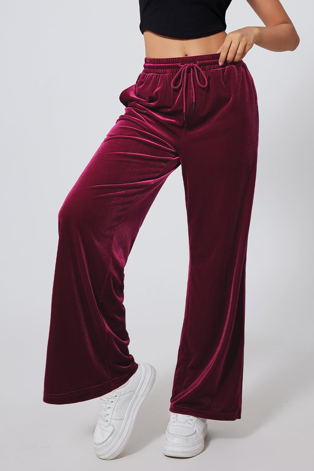 Burgundy wide leg pants with drawstring