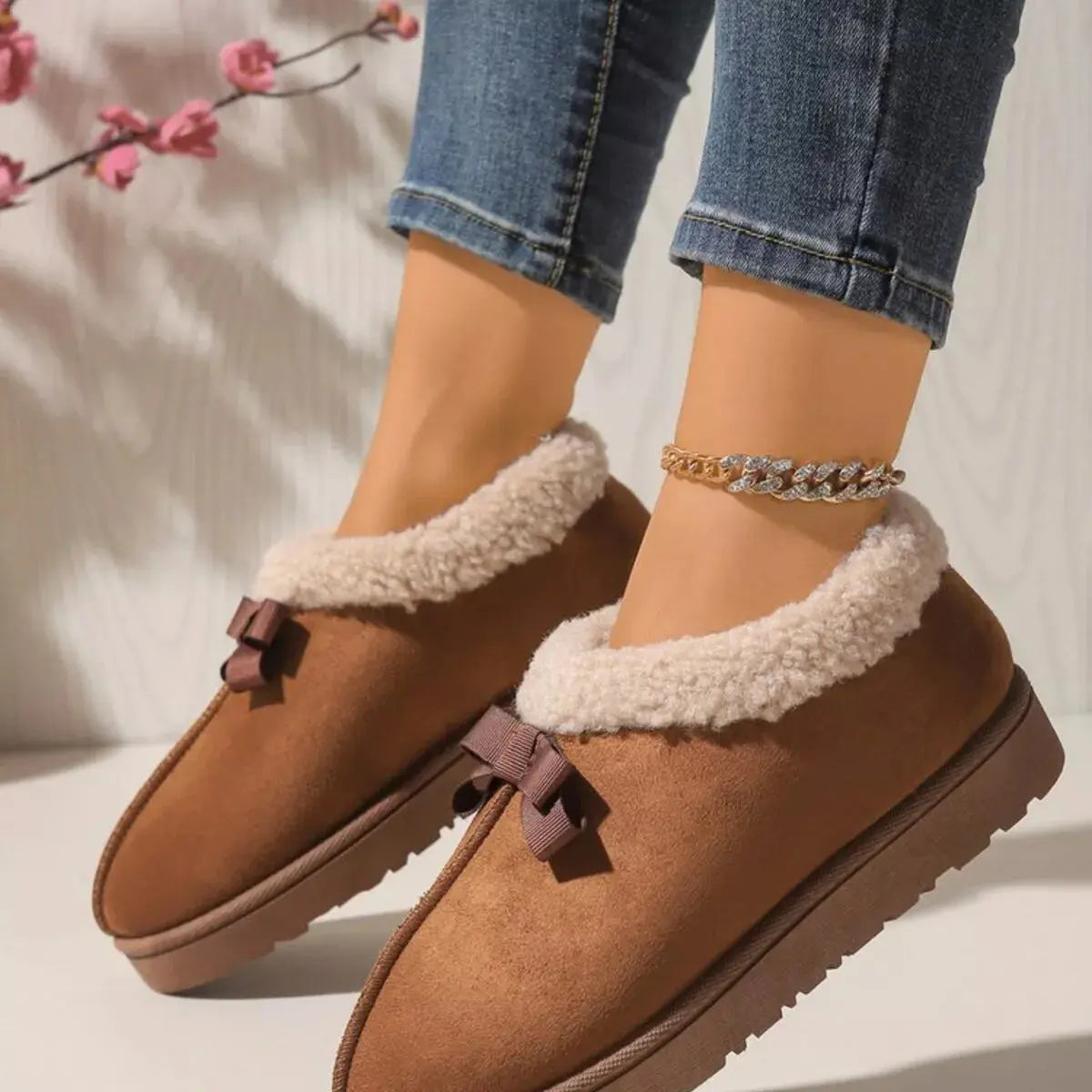 Cozy Bowknot Plush Lined Slip-Ons Simply Love