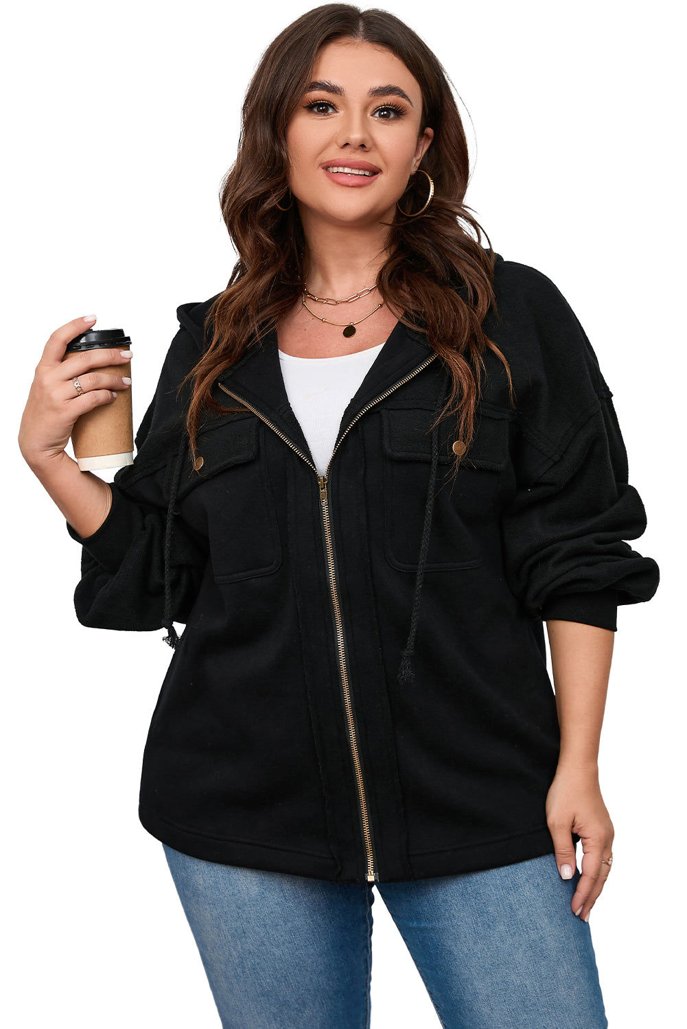 Plus size black hooded jacket