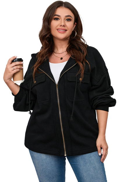 Chic black plus size hooded jacket with bishop sleeves