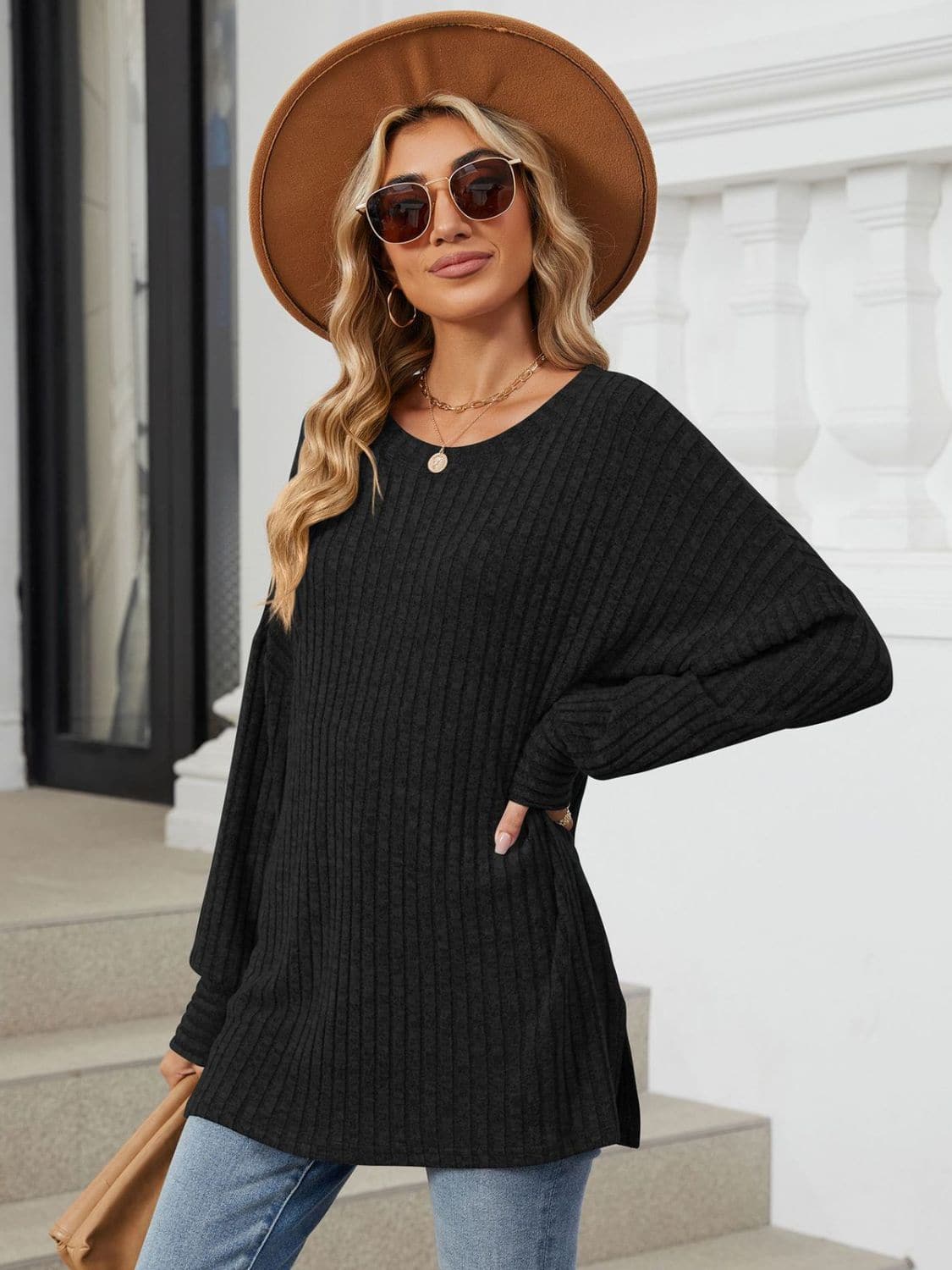 Ribbed Round Neck Long Sleeve T-Shirt.