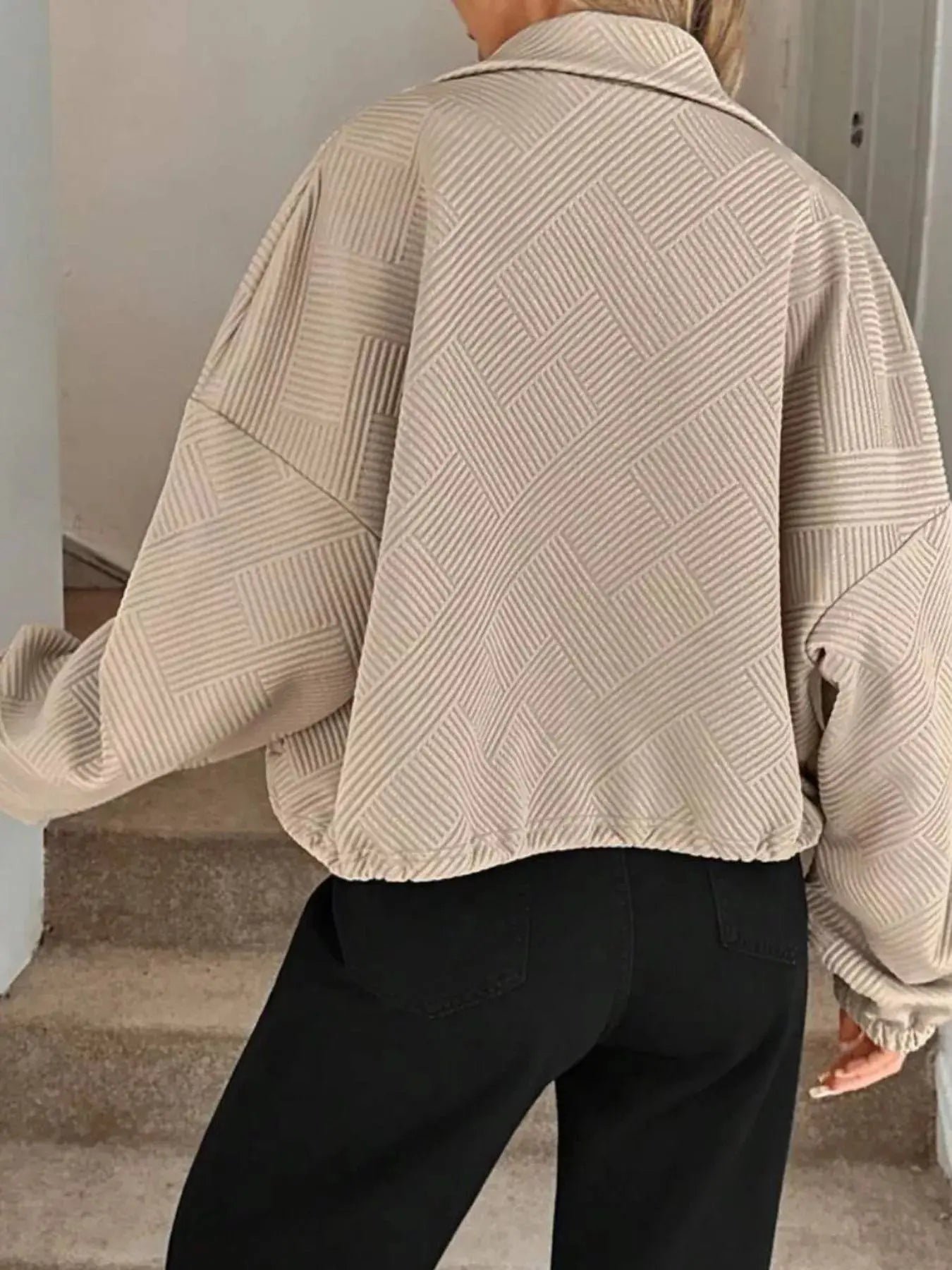 Textured Zip-Up Drawstring Hem Jacket Simply Love