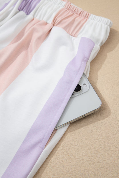 Purple Stripe Print Drawstring Loose Pants With Pockets