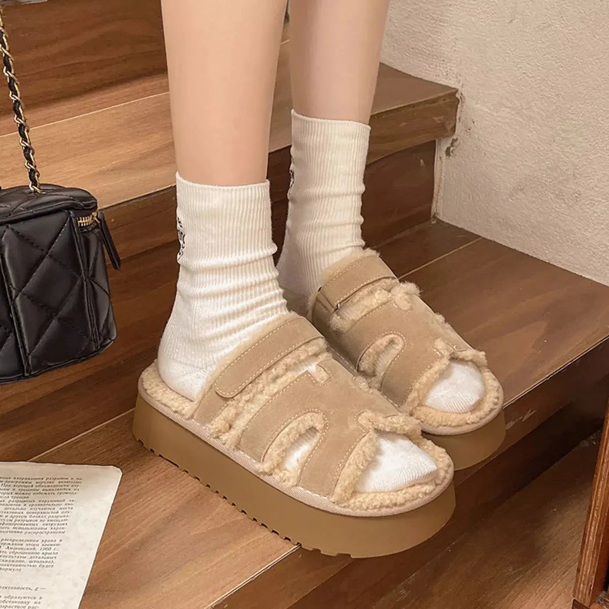 Fluffy Platform Velcro Slippers Simply Love