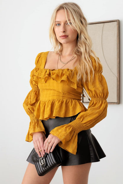 Mustard Seed Boho Shirred Smocked Peplum Long Sleeve Top.