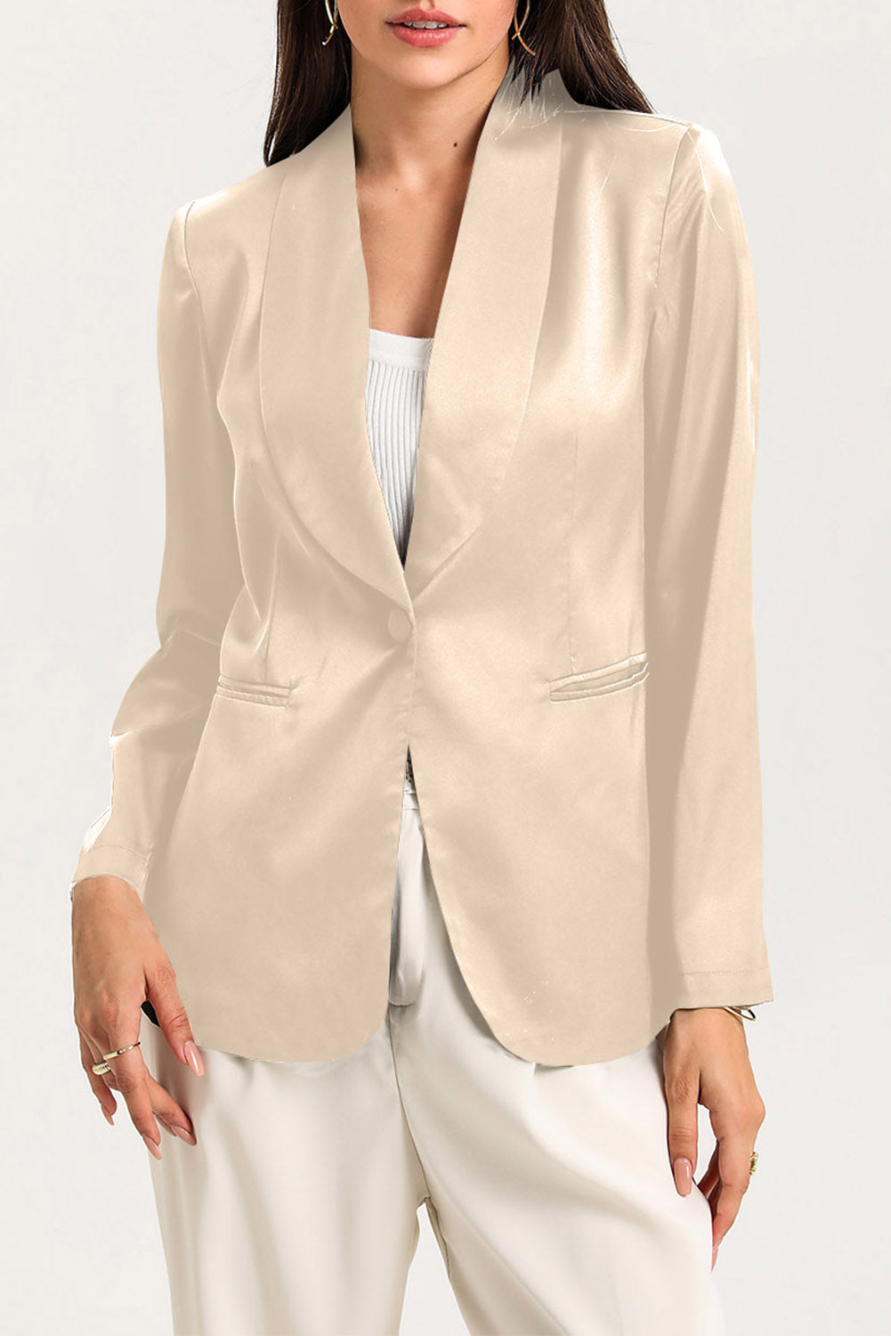 Elegant apricot blazer with collared neck and pockets