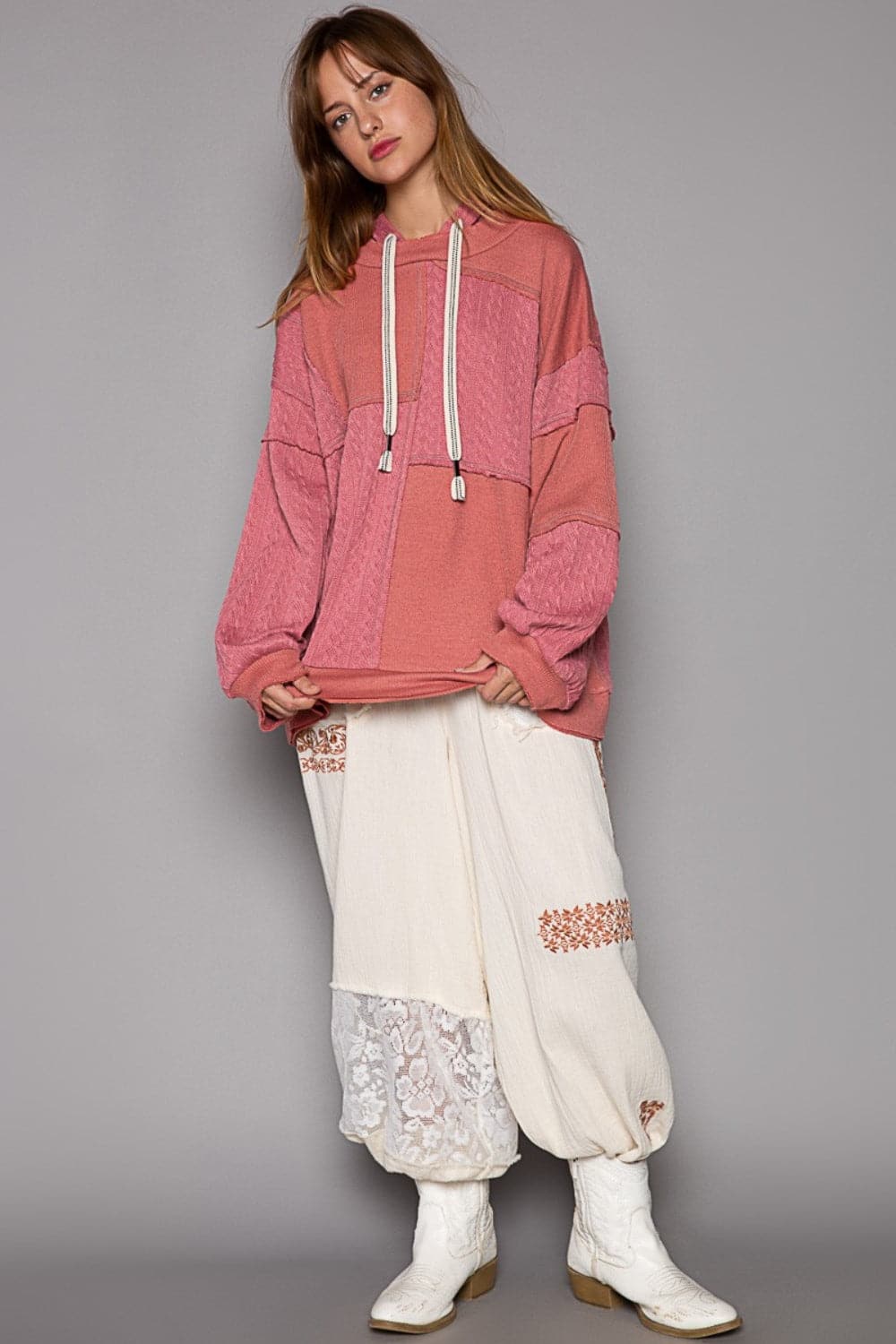 POL Exposed Seam Hooded Knit Top.