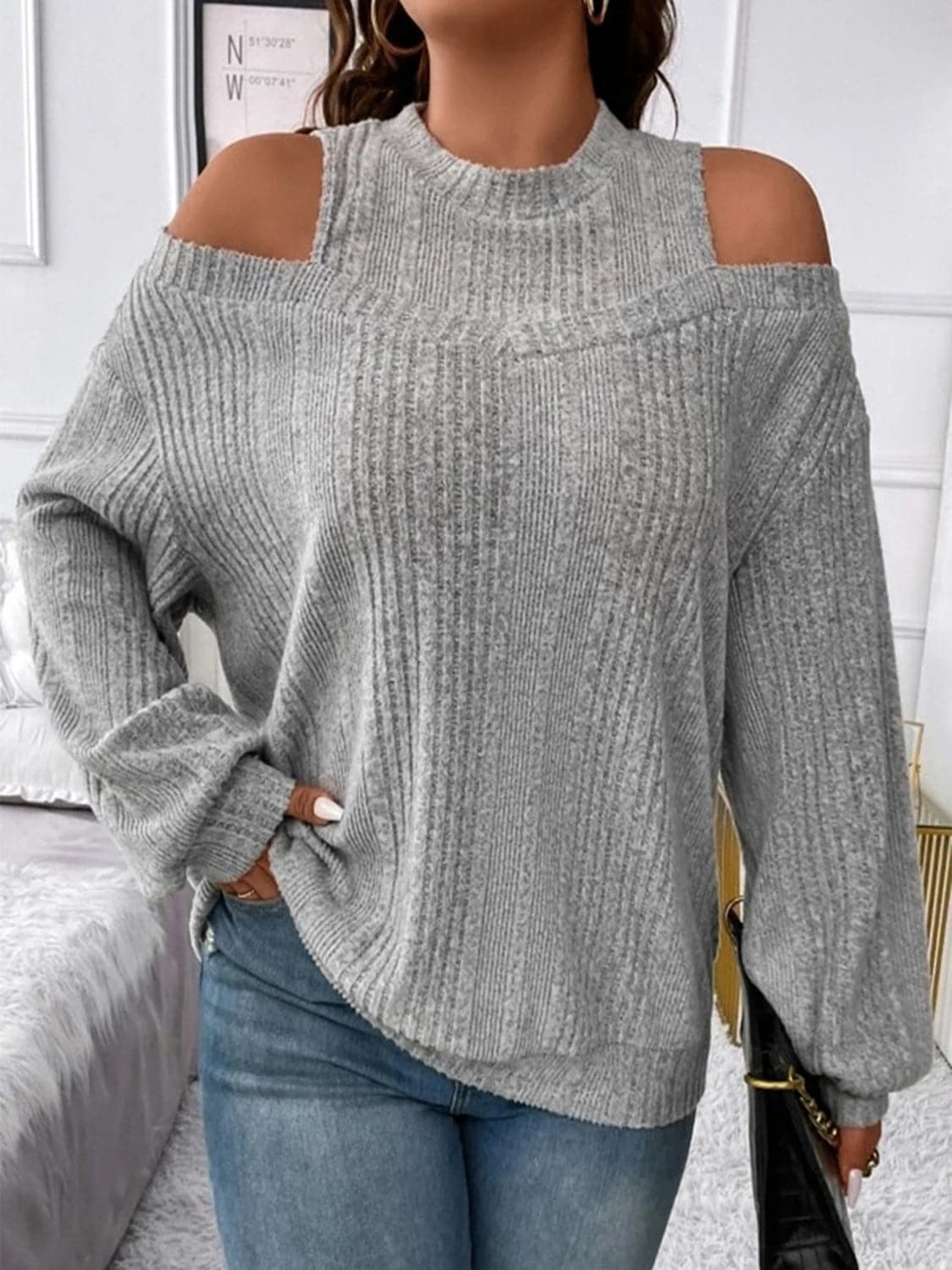 Round Neck Cold Shoulder Sweater.