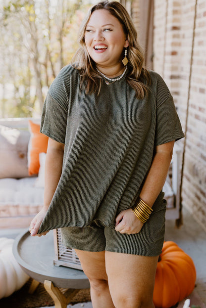 Moss green plus size lounge set with ribbed top and shorts