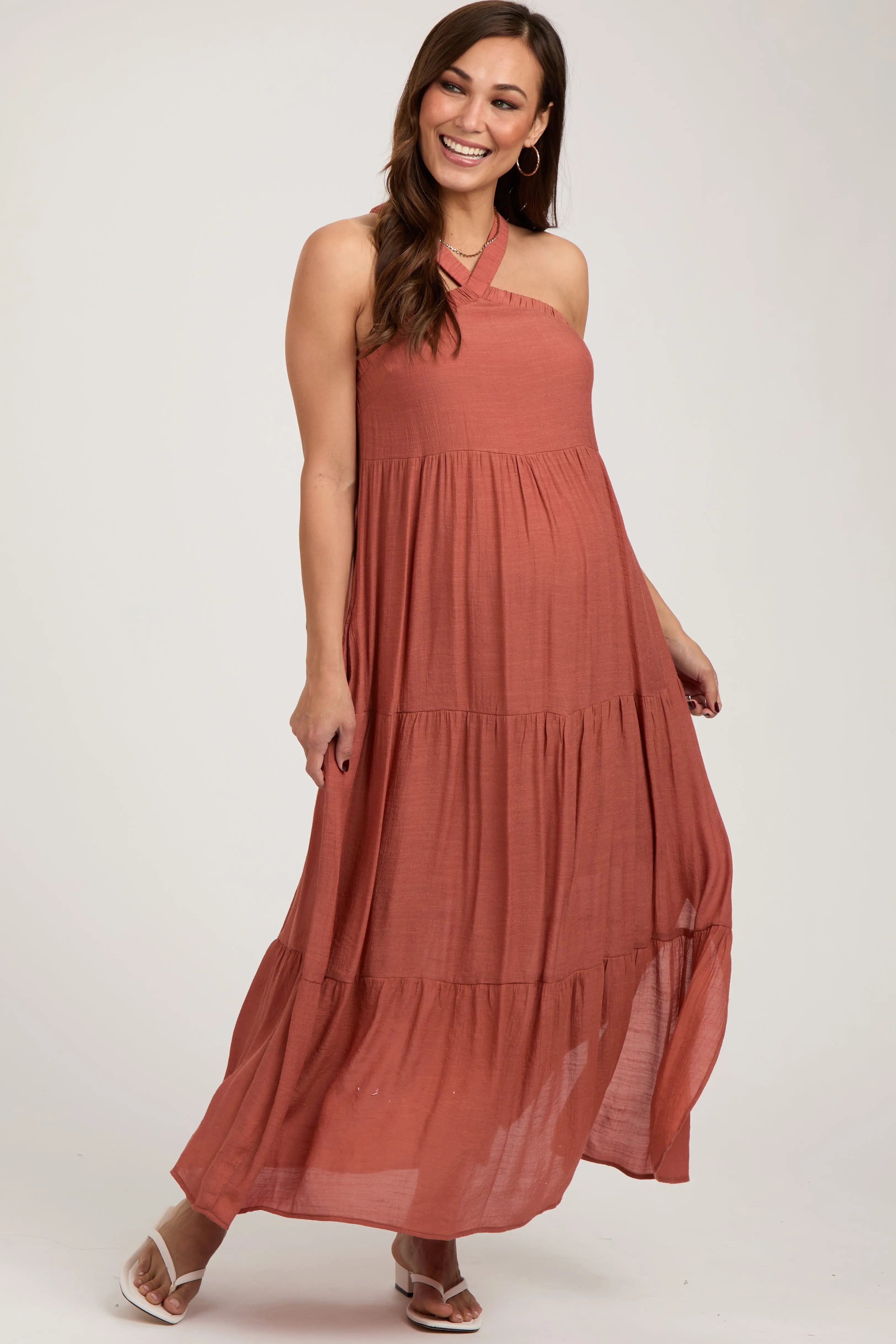 Rust Halter Tiered Maternity Maxi Dress PinkBlush