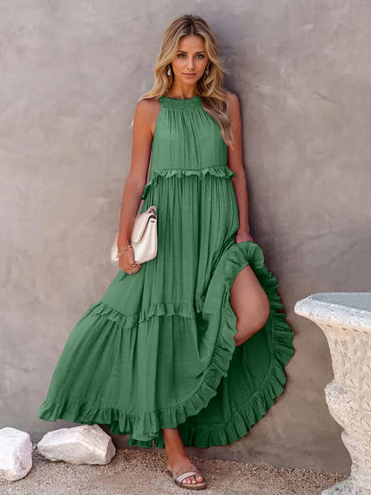 Ruffled Sleeveless Tiered Maxi Dress with Pockets.